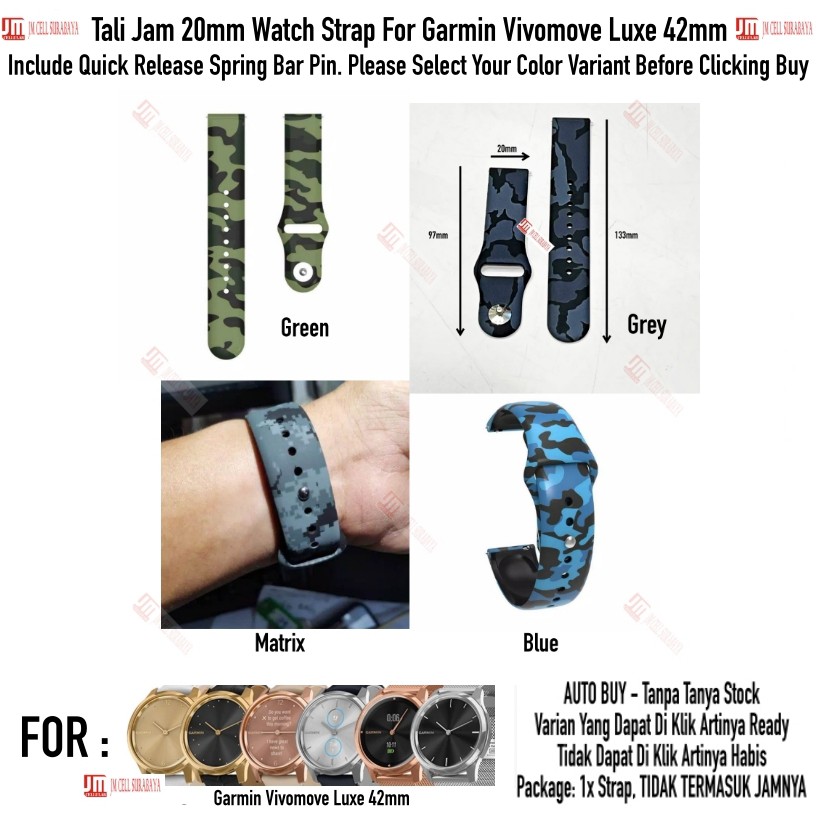 RMY Tali Jam 20mm Watch Strap Garmin Vivomove Luxe 42mm - Camo Army Rubber Silikon