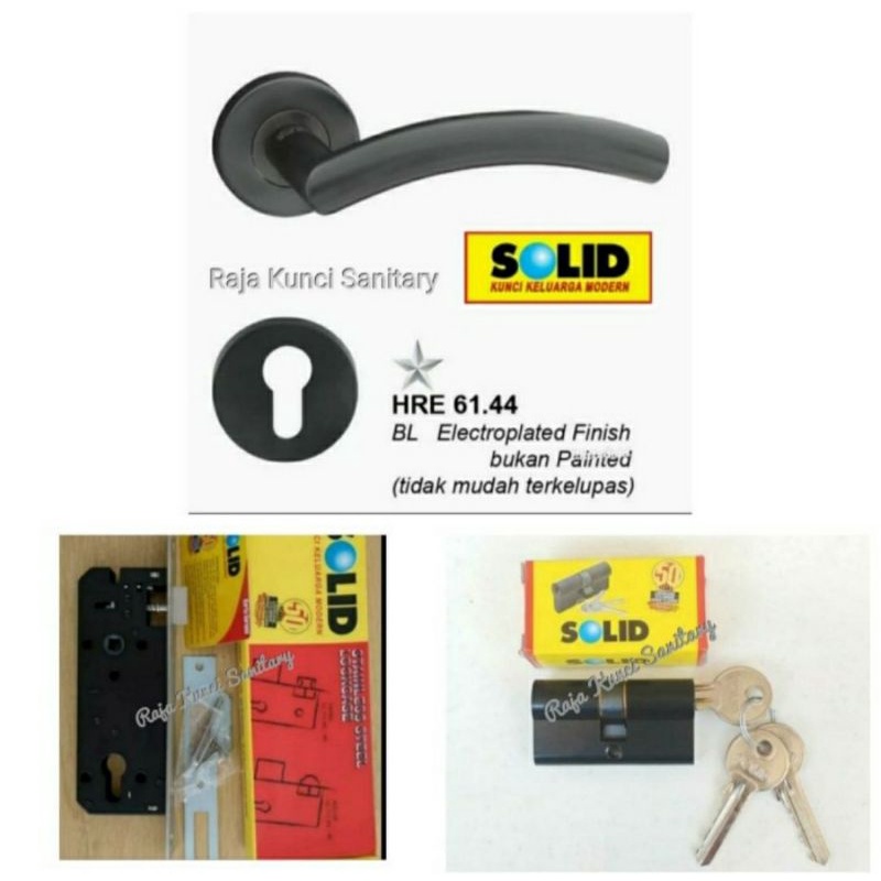 Paket Lengkap Handle Pintu Solid HRE 61.44 Matt Black+Lockcase+Cylinder Solid Hitam