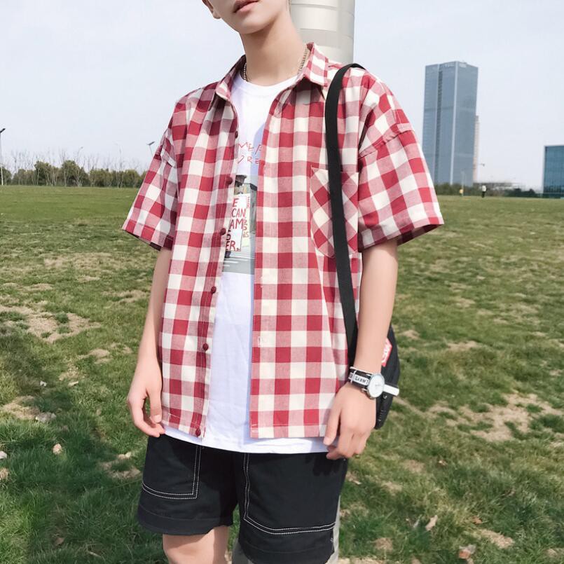 2019 Summer Fashion Mens Shirts Youth Loose Half Sleeve Casual Grid Shirt Men Shopee Indonesia