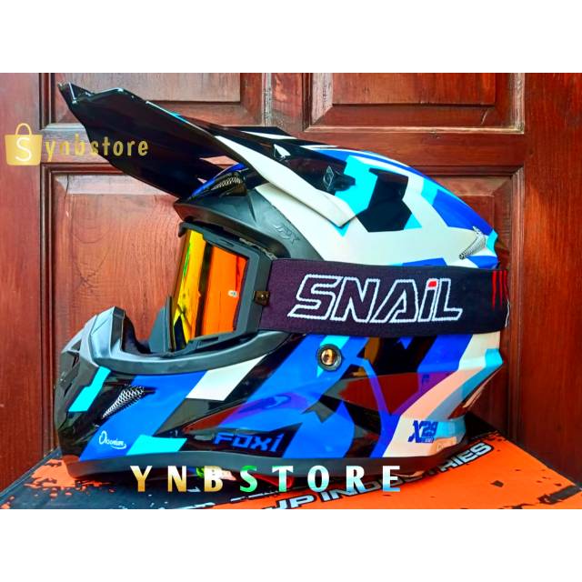 helm JPX fox1 moto Cross trail ktm klx crf X29 super black hitam biru gloss plus goggle snail mx40