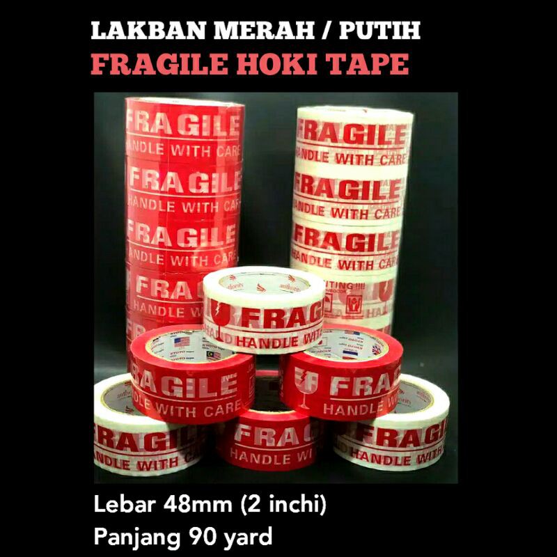 

Lakban Fragile Merah - Putih / 48mm x 90 yard / Solatip Solasiban / Hoki Tape