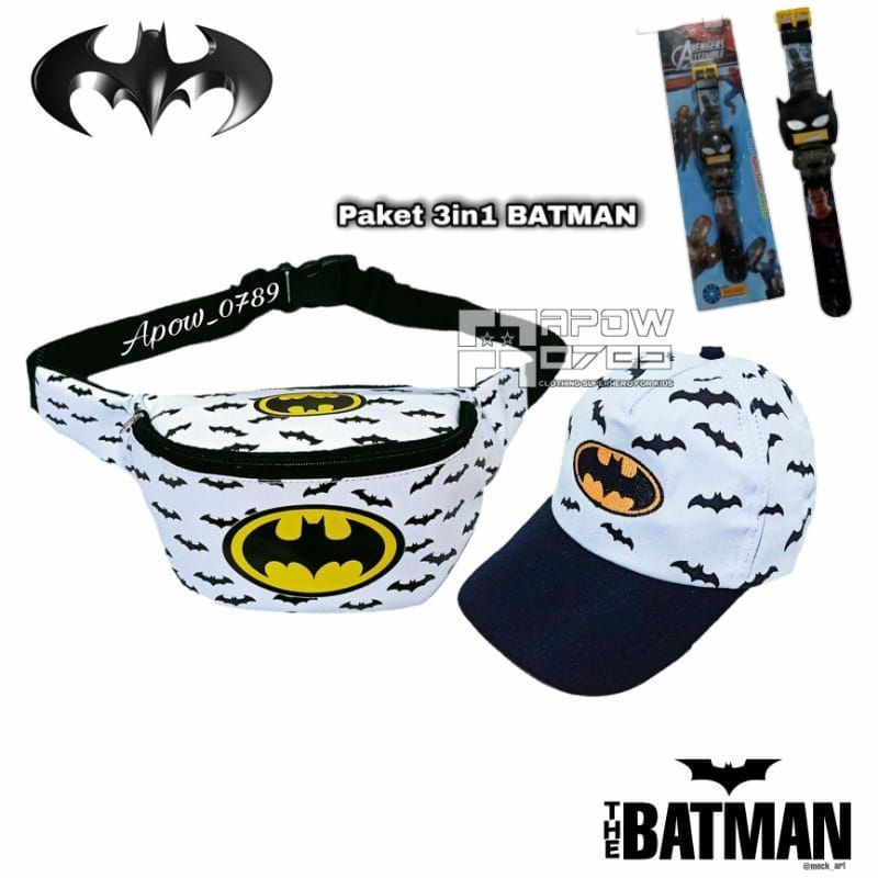 Tas Slempang Anak Laki-laki Batman 3in1 Gratis Topi dan Jam Tangan Pencet