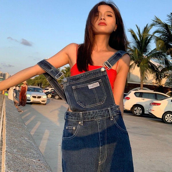 Overall denim pinggang tinggi wanita musim panas 2021 tipis versi Korea celana kaki lebar longgar re