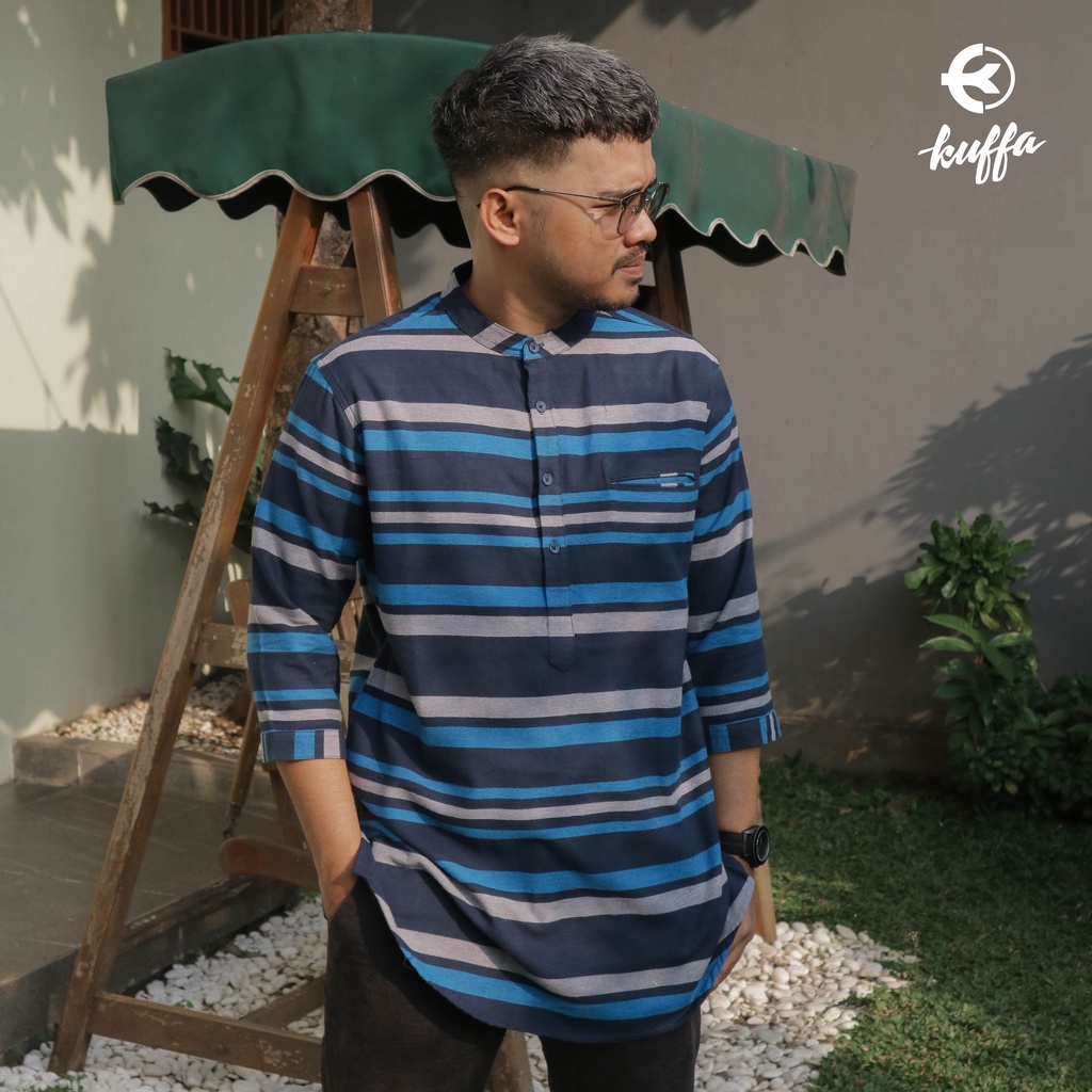 Baju Muslim Kemeja Koko Longline Salur Lengan Sedang Pria Dewasa / Fashion Muslim / Atasan / Berkual