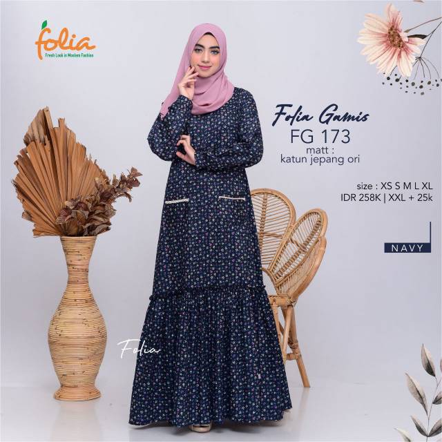 GAMIS DEWASA FOLIA KATUN JEPANG FG 173 NAVY / GAMIS MOTIF / ORIGINAL FOLIA 100%