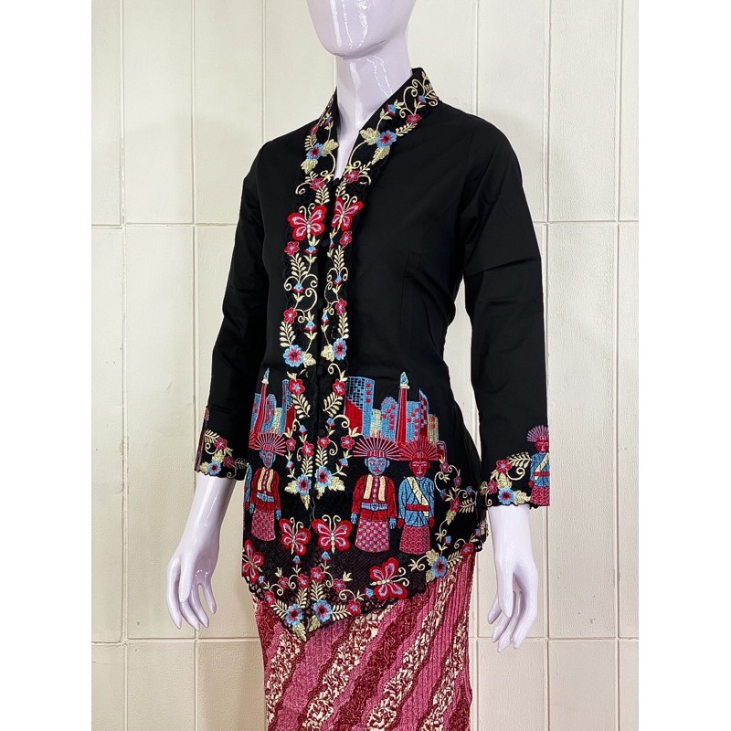 OSW03 - Daliyu KEBAYA ONDEL BETAWI ENCIM KARTINI LENGAN PANJANG BORDIR Katun Stretch / M L XL XXL-Hitam
