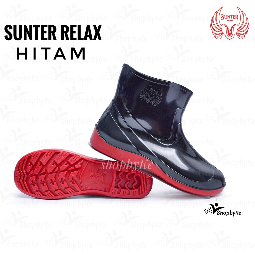 Sepatu Boots Karet Pendek Sunter Relax Hitam Sol Merah dan Hitam Sol Penthel Glossy Mengkilap