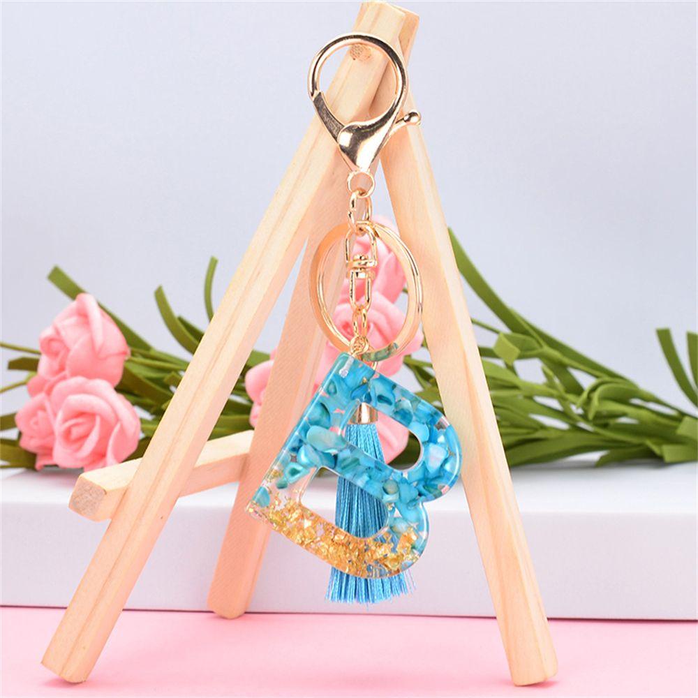 [Elegan] 26huruf Gantungan Kunci Resin Fashion Aksesoris Biru Rumbai Liontin Ornamen Kristal Alfabet Key Chain