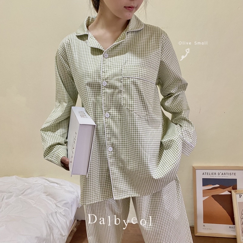 Piyama Katun Wanita Gingham Olive Small Dalbyeol Choice | Piyama | Baju Tidur | Korean Pajamas