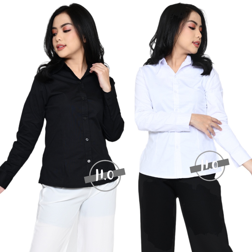 Baju Kemeja Wanita Lengan Panjang Pendek Bahan Katun Strech Size Standar Dan Jumbo Atasan Baju Kemeja Blouse Putih Hitam Polos Kerja Kantor formal Wanita Lengan Panjang Pendek 02-1