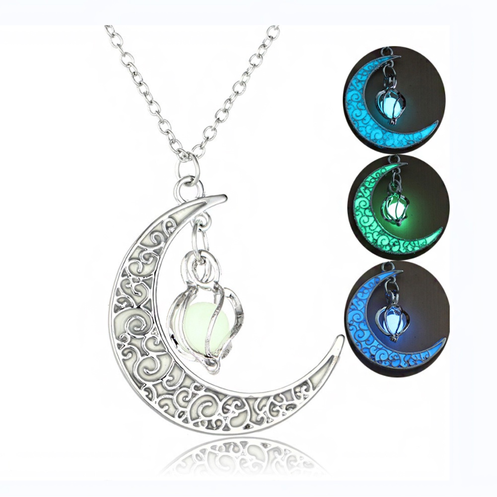 Kalung Rantai Liontin Bulan Sabit Hollow Luminous Untuk Wanita