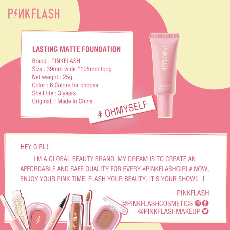 PINKFLASH Foundation Matte Full Coverage Tahan Lama Mengontrol Minyak Untuk Makeup 6 Colors