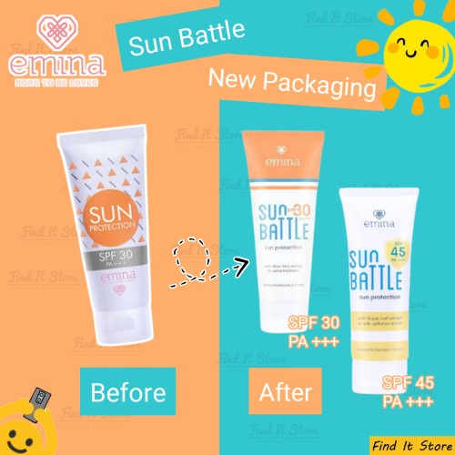 Sunscreen Wajah EMINA Sun Battle SPF 30 /  SPF 45 PA+++ Sun Protection - 60 ml / 30 ml - BPOM - Sunblok Sunblock Sunscren Sunsreen Batle Tabir Surya Skincare Orange Kuning