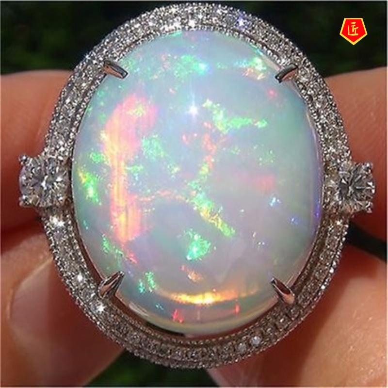 [Ready Stock]Fashion Elegant Opal Ring 925 Silver Micro Inlaid Zircon