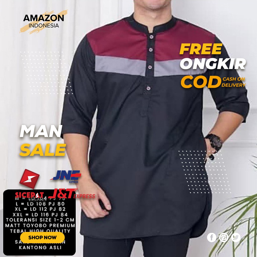 ATASAN PRIA MUSLIM BAJU KOKO WARNA BLACK HITAM KOMBINASI LENGAN 3/4 BAHAN TOYOBO PREMIUM ORI IMPORT