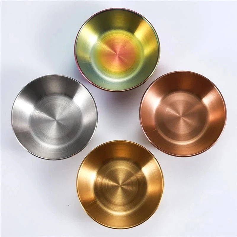 Piring Saos / Bumbu Dapur Bentuk Bulat Bahan Stainless Steel Warna Emas