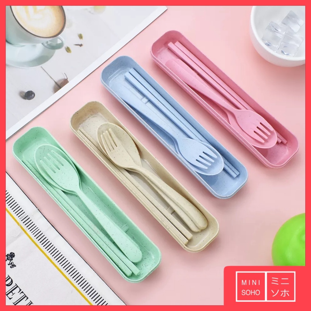 Sendok Garpu Sumpit Set 3 in 1 Bahan Jerami + Kotak Set Perlengkapan Alat Makan Portable Travel