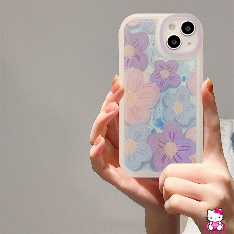 Case Pelindung Lensa Bentuk Oval Motif Lukisan Minyak Bunga Ungu Tahan Banting Untuk IPhone 7 8 Plus 12 13 11 Pro Max X 11 XS Max XR 6 6s Plus SE 2020