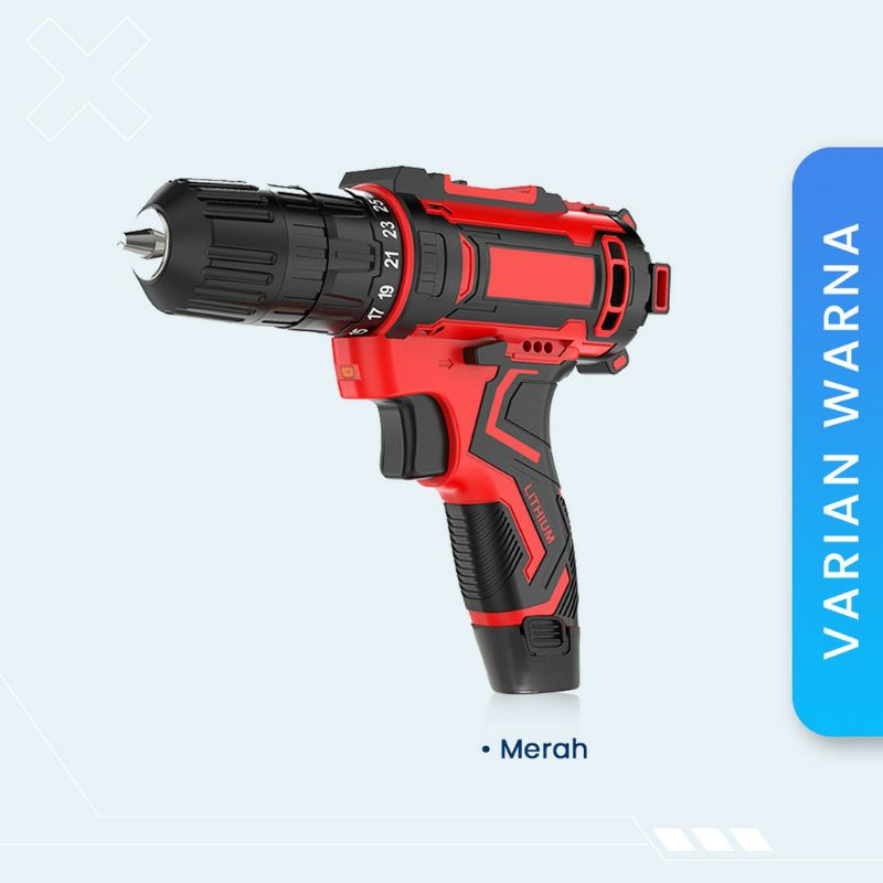 Mesin Bor Tangan Cordless 12 Volt Baterai Wireless Tanpa Kabel Lengkap dengan 10 Mata Bor 2 Pengatur