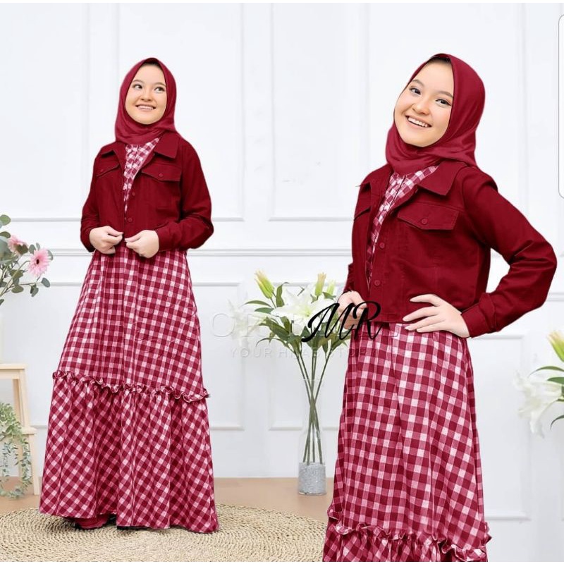 SET CARDI KID ANAK JANICE KOTAK, MOSCREPE KATUN, GAMIS HIJAB MUSLIM, MAXY DRESS