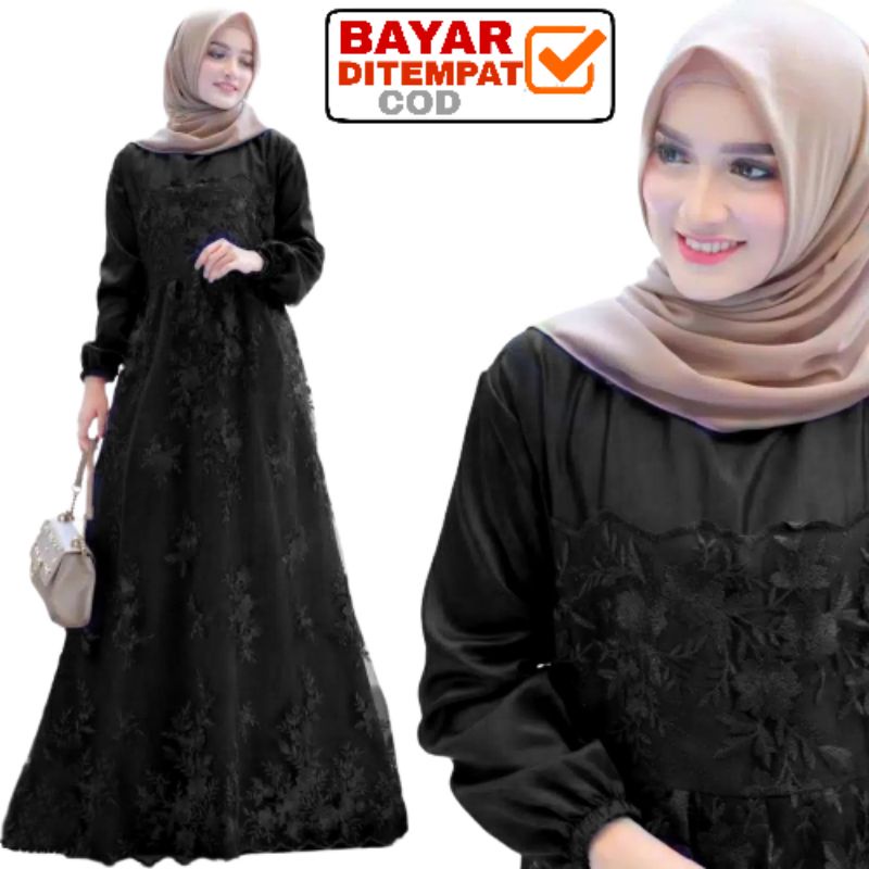 Size L XL XXL / Gamis Muslim Farasya / Maxi Brukat Selma Tulle Premium Jumbo Murah Brokat Navy Marun-Hitam