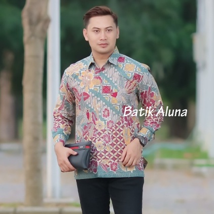 Kemeja Batik Pria Lengan Panjang Modern Premium keraton Solo Original Baju Seragam Batik Kekinian Sutra Pria Slim Fit Berkwalitas Jumbo Mega Mendung Dewasa Untuk Kondangan Pria Lengan Panjang BATIK ALUNA PL 120