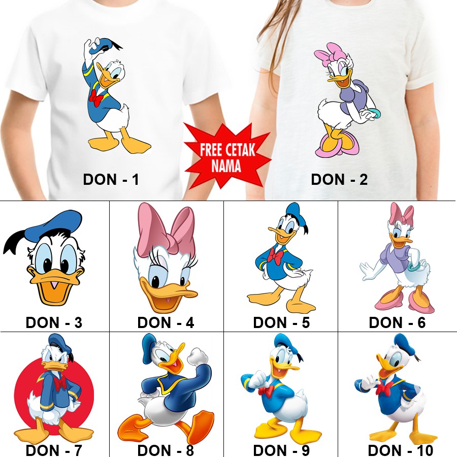  Baju  Kaos ANAK  DAN DEWASA DONALD DUCK COUPLE FREE NAMA  