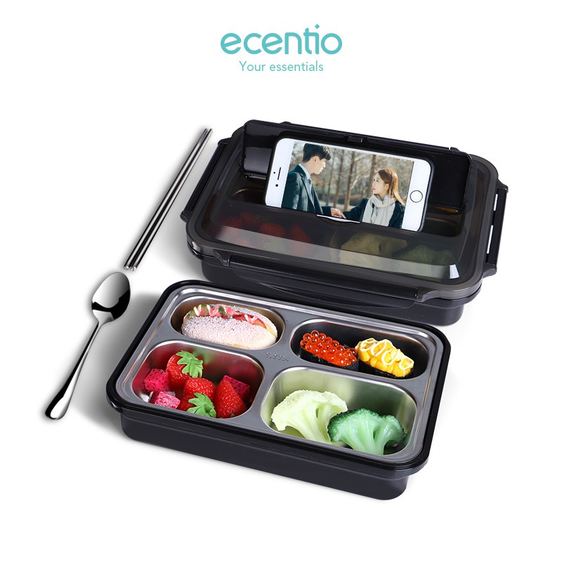 

ecentio Stainless Steel 304 lunch box/4 Kompartemen / Kapasitas Besar / Kotak Makan / 1000 ml /Hitam
