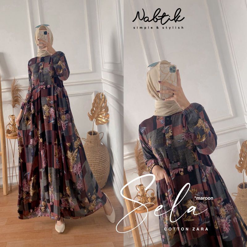 gamis muslimah terbaru SELA motif bunga terbaru original by nabtik