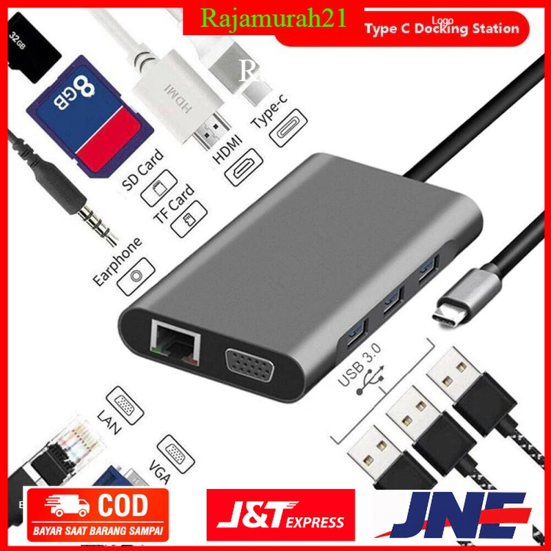 EASYIDEA Portable USB Type C Hub 10 in 1 HDMI + VGA + USB 3.0 + RJ45 + Card Reader + PD Charging - Gray - 7RUA36GY