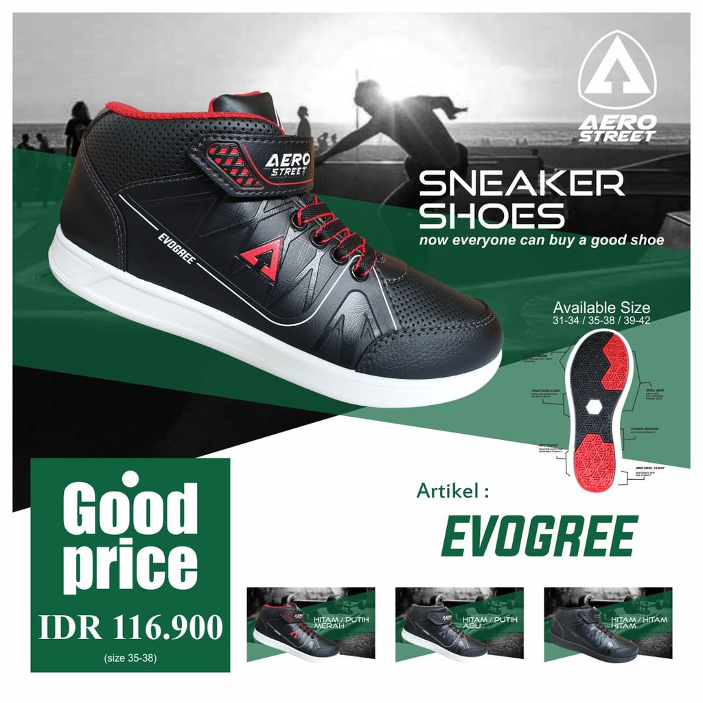 Aero Street EvoGree Sepatu Sneakers Sepatu Sekolah Warna Hitam Putih Merah