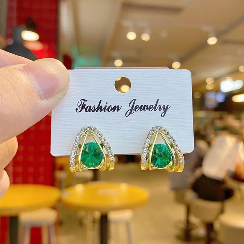 Anting Tusuk Gantung Bahan Sterling Silver 925 Desain Hati Hias Berlian Hijau Gaya Koreadongdaemunretro Untuk Wanita