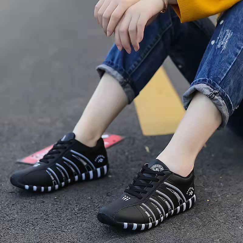 Kano style Fashion Wanita PU Striped Leather Casual Lace-up Sneakers