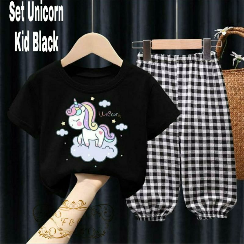 3 UKURAN S M L SET UNICORN KID FASHION PAKAIAN ANAK PEREMPUAN SETELAN BABYETRRY KOMBI KATUN KOTAK FEHM