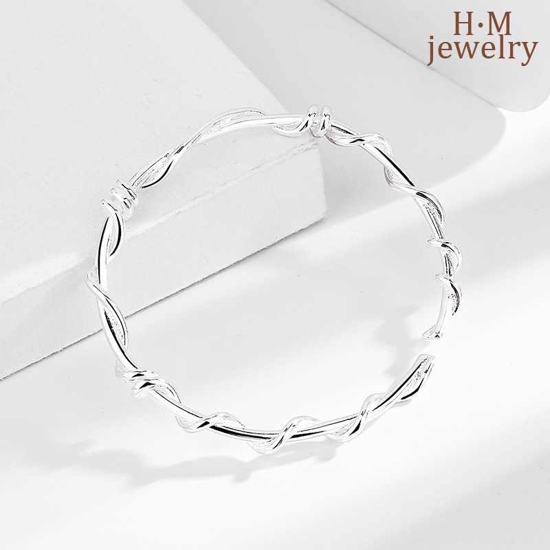 Gelang Tangan Sterling Silver 925 Desain Geometri Asimetris 2 Lilit Untuk Wanita