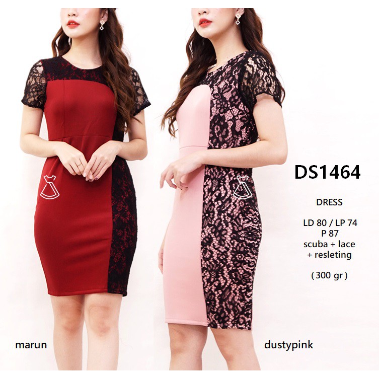 DS1464  - DRESS PESTA BRUKAT LACE SEPAN WANITA KANTOR SCUBA MEWAH