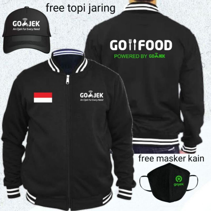 jaket baseball varsity gojek gofood + masker dan topi keren