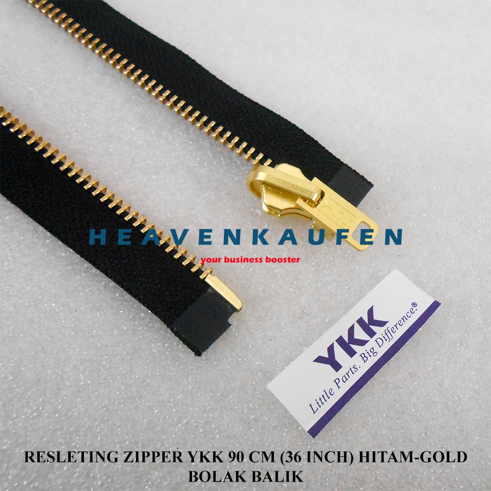 Resleting Zipper YKK 90 cm Atau 36 inch Hitam Gold Emas Type Gigi Besi Model Set Open End Buka Lepas