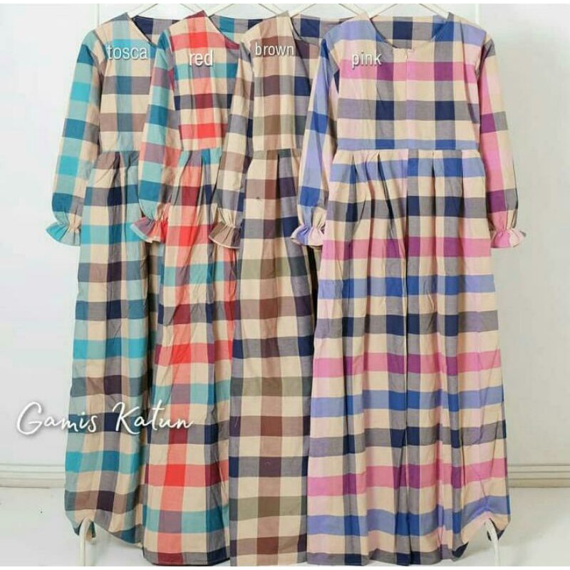 Gamis Katun Jepang / kotak-kotak / Muslimah Busui  Friendly / katun jepang