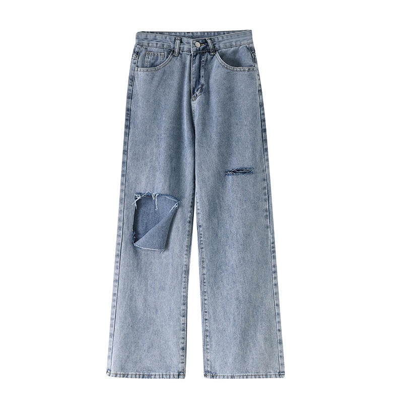 Warna Biru muda Highwaist Robek-Robek Loose Kasual Celana Jeans Panjang Wanita