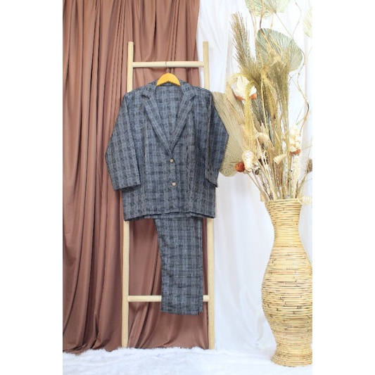MIZU SET - Baju blazer setelan jas lucu dewasa semi woll perempuan cewe wanita ABG murah-Grey