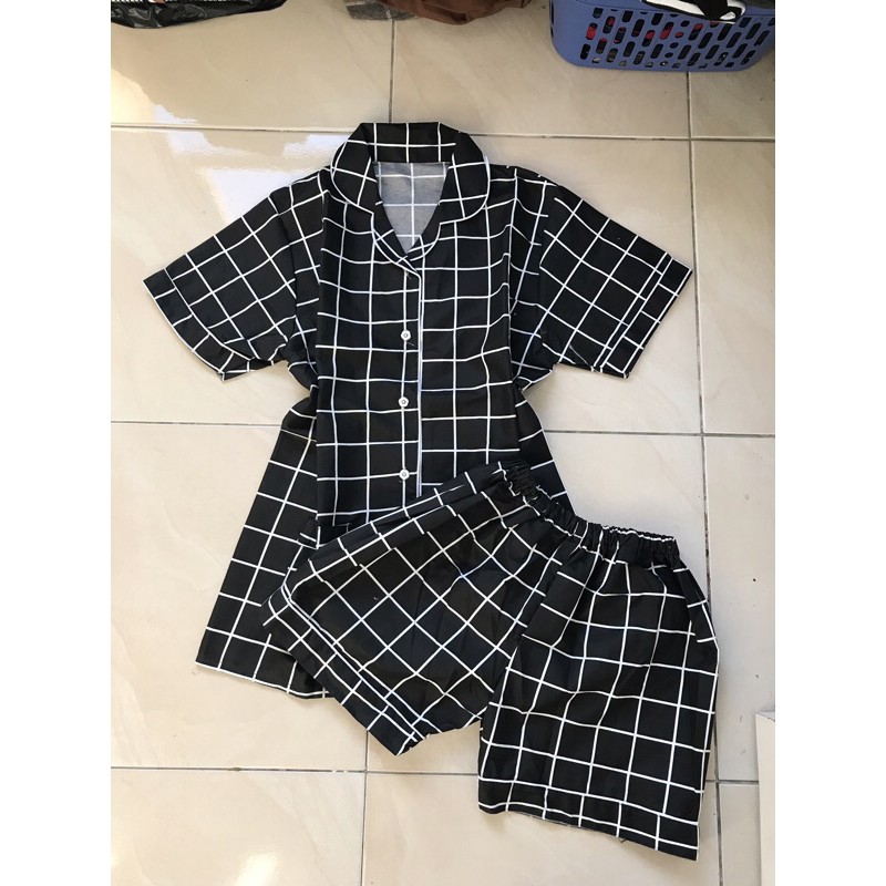 piyama/pajamas kotak&quot; HP katun hitam murah.homewear/sleepwear/bajutidur cwe PP tartan black kekinian