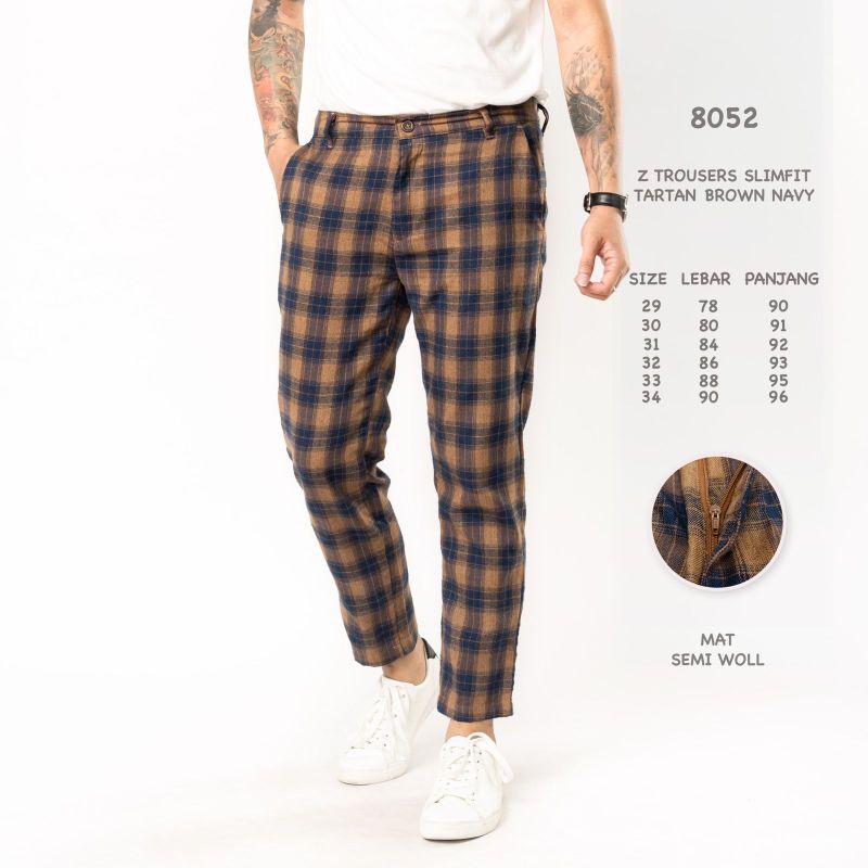 Celana Pria Tartan Slim fit Brown Navy Celana Chino Pria Ankle Pants Kotak Kotak Tartanpants Cowok