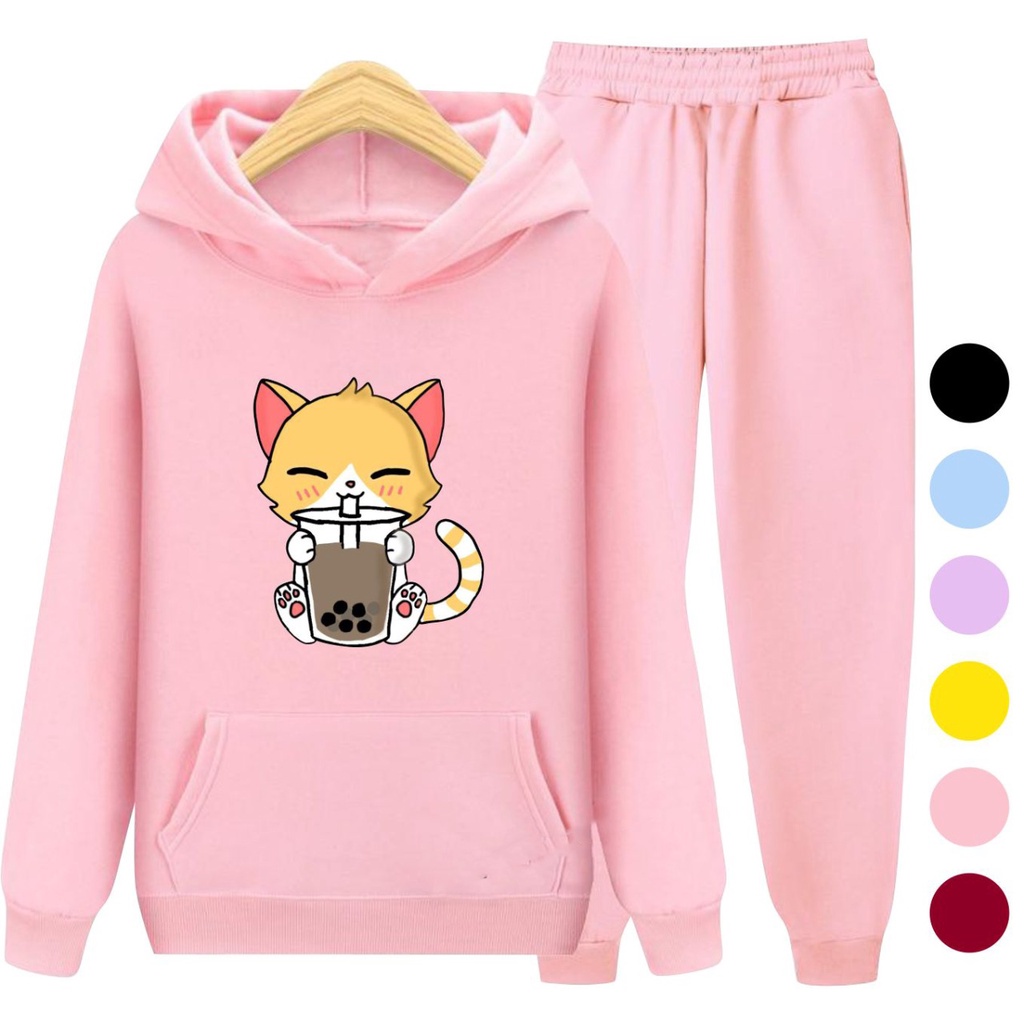 Setelan Sweater Hoodie CAT BOBA / Sweater Anak-Anak Remaja Size S, M , XL , XXL