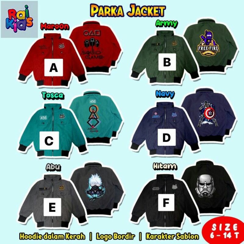 Jaket Anak 6-14 T Parka Jacket by Raikids Jaket Bomber Freefire Squid Game Superhero