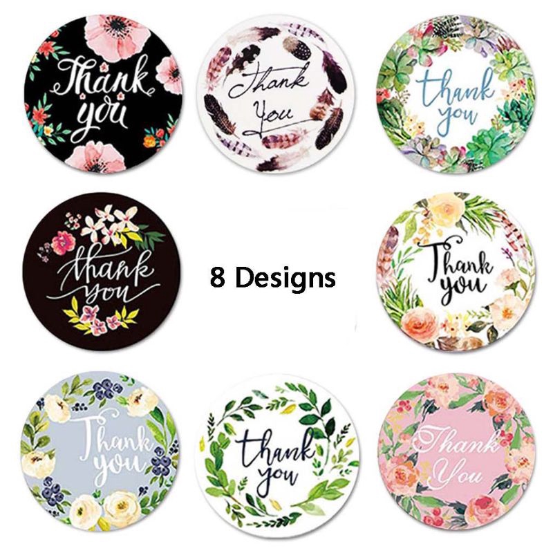 Thank You Stickers Floral / Christmas Card Business Packaging Seal Stickers / 8 Kinds of Floral Stickers Flower Labels with Thank You for Wedding,Birthday Party