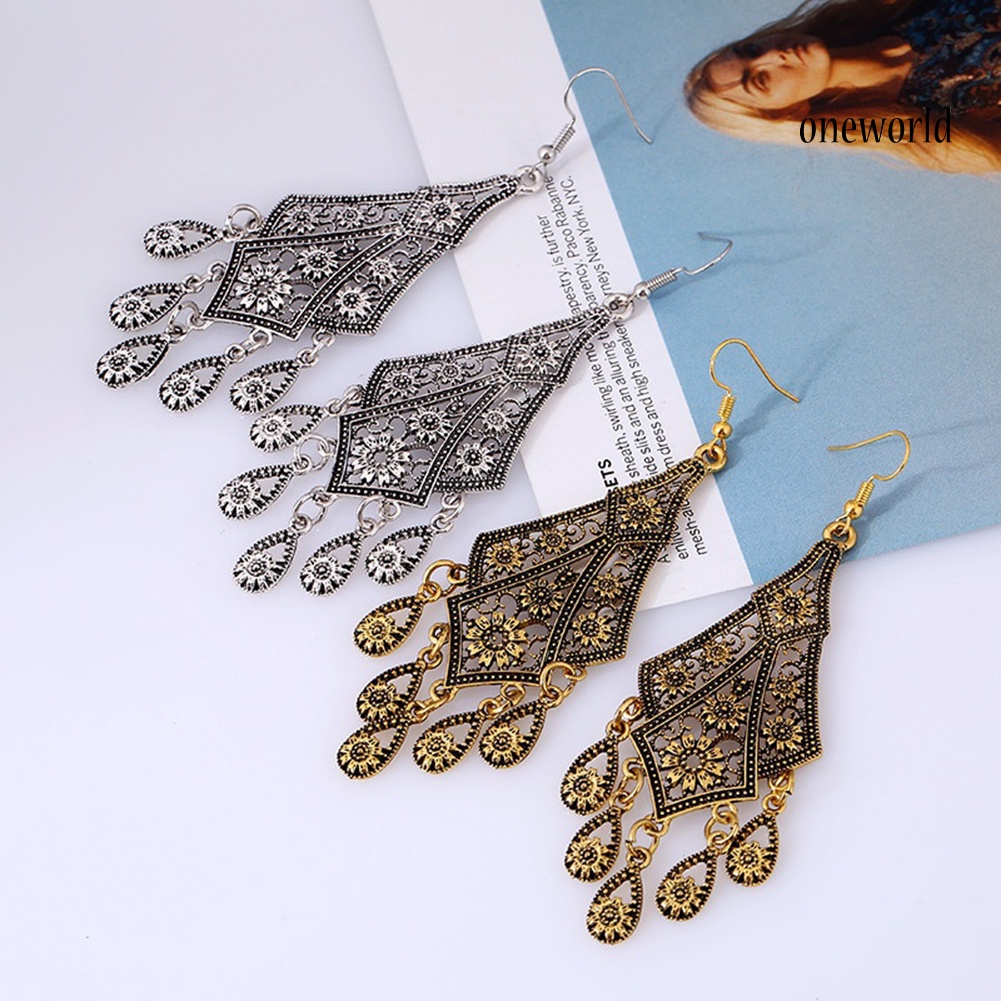 OW@ Vintage Women Chandelier Eardrops Hollow Leaves Tassels Dangle Hook Earrings