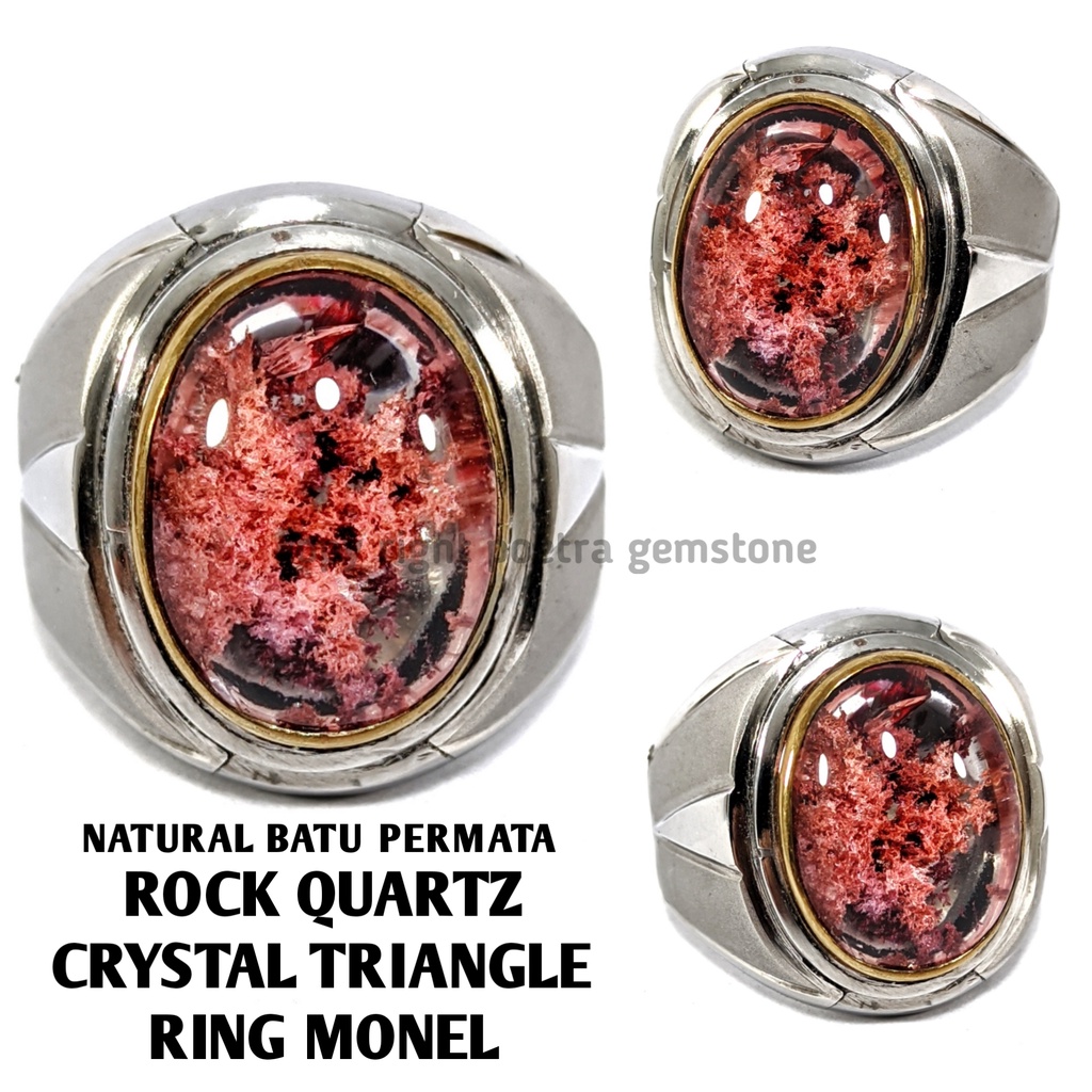 Natural Batu Permata Rock Quartz Crystal Triangel Ring Monel RC03