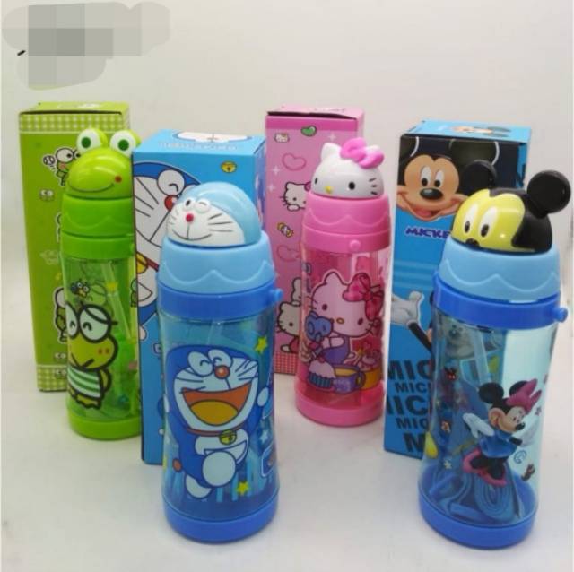 Botol Minum Sedotan Anak Karakter Kepala Doraemon Kitty Mickey Keropi