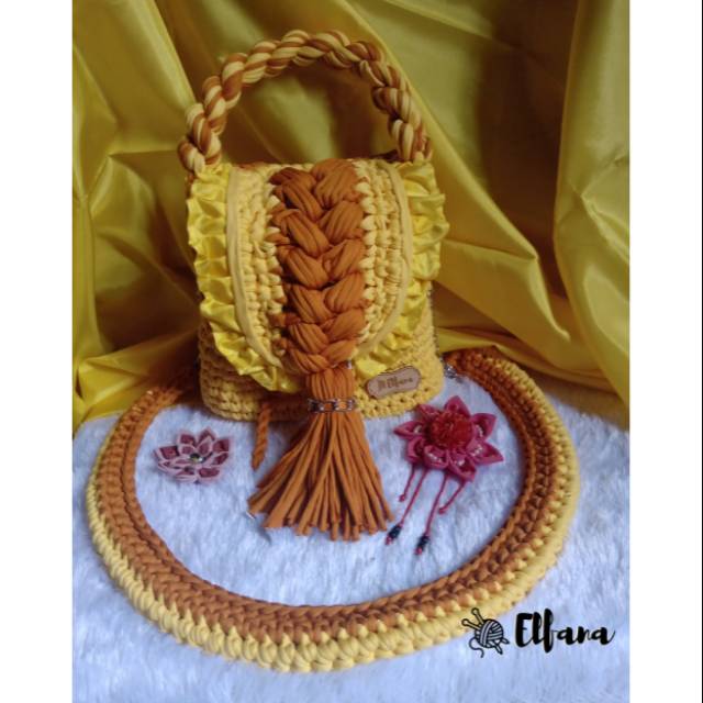 Tas rajut selempang T-SHIRT yarn kuning muda + mustard cantik